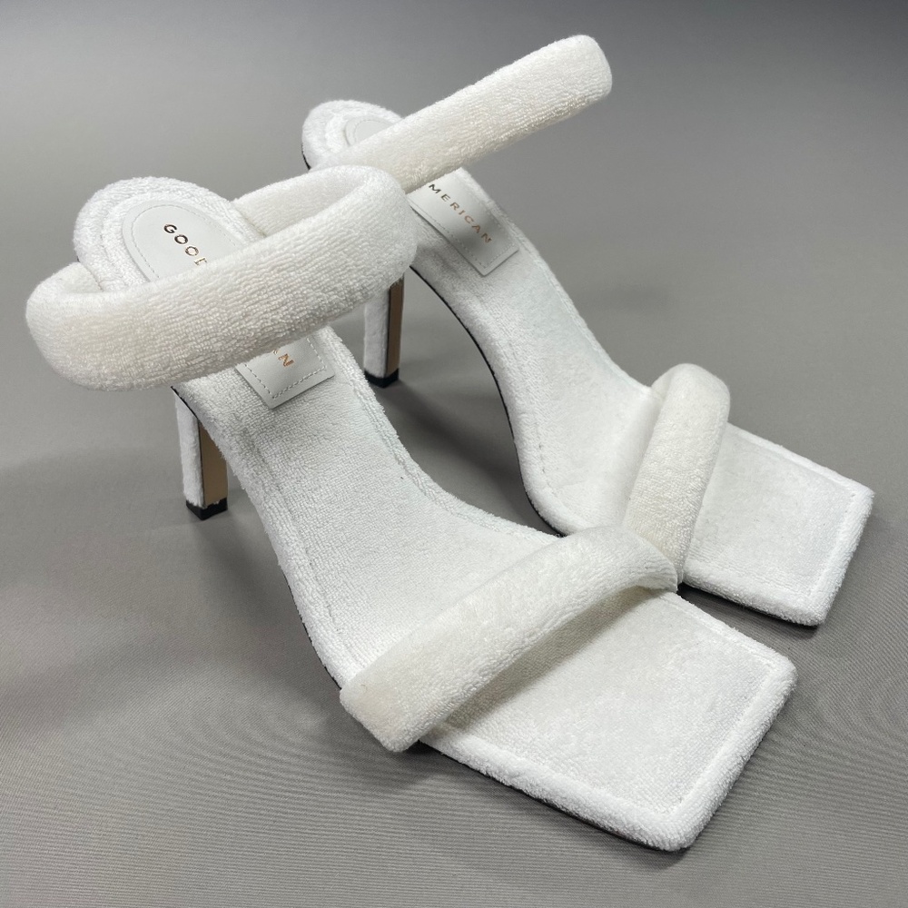 NEW Good American Shoes Womens 10.5 white terry slip on strappy heels summer